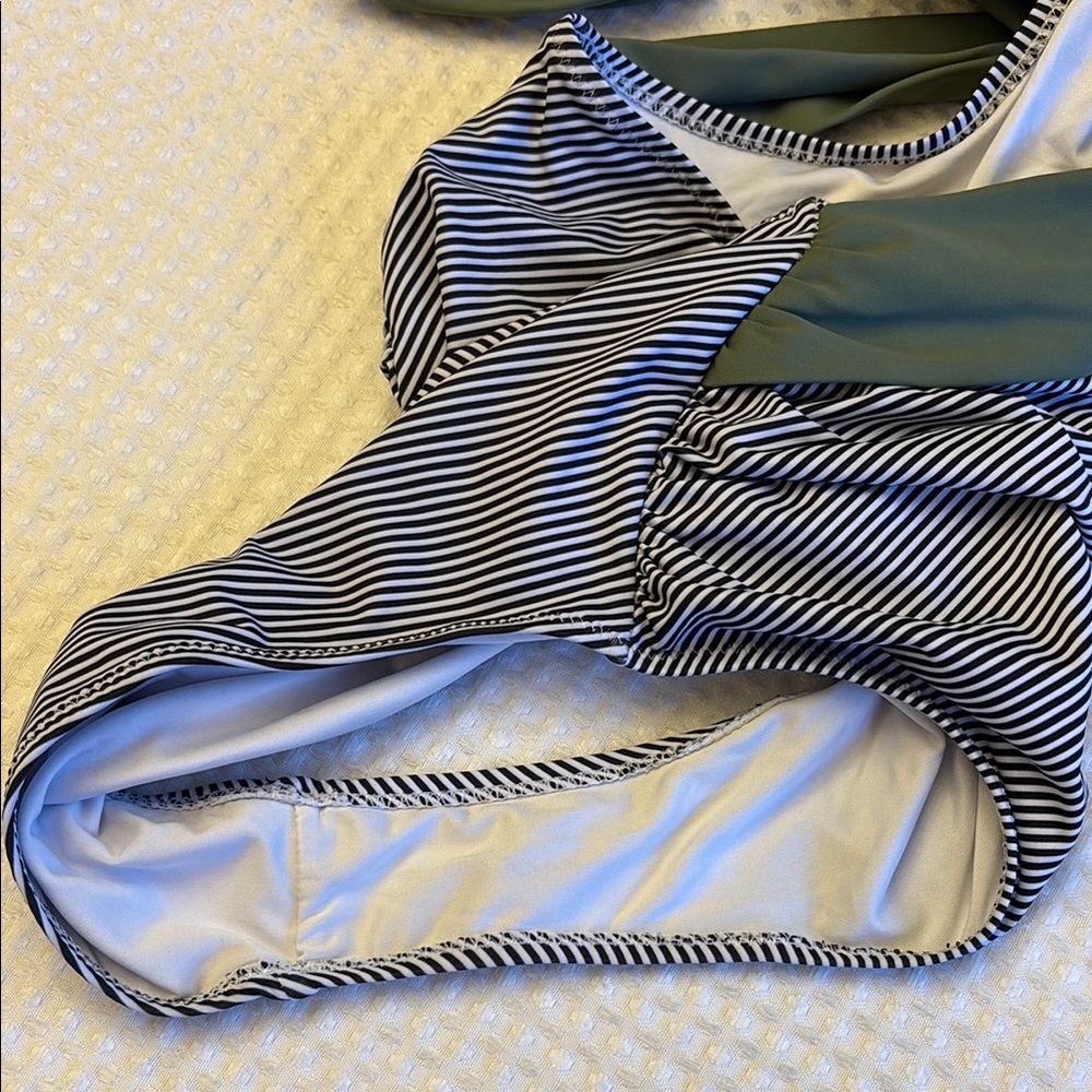 Medium Olive Sage Green Black White Striped Monokini One Piece Swimsuit - Picture 11 of 16